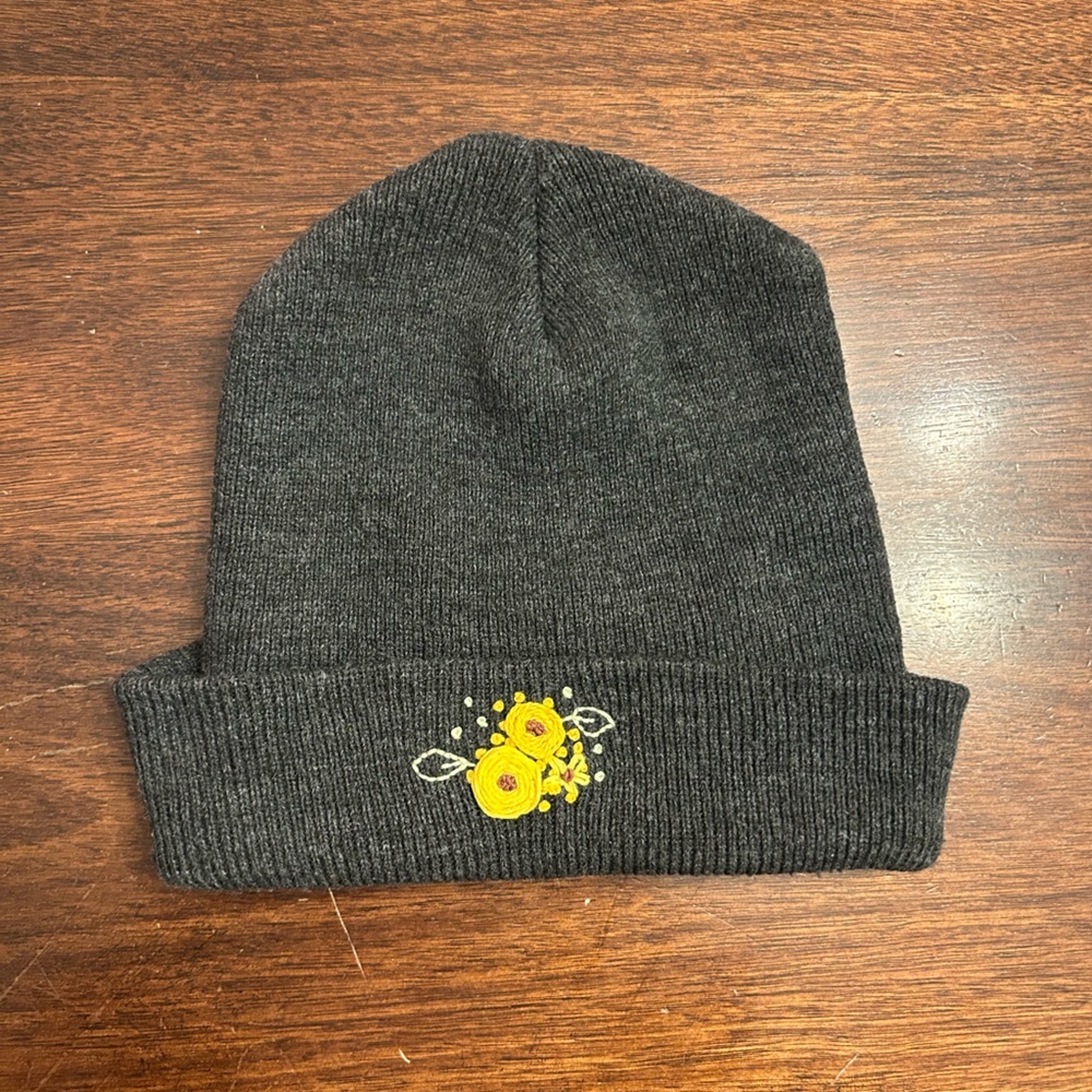Charcoal Knit Hat with Yellow Floral Embroidery
